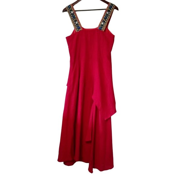 Vintage (Amann) | Red Linen Lined Renaissance Embroidered Corset-Style Dress - Picture 2 of 11